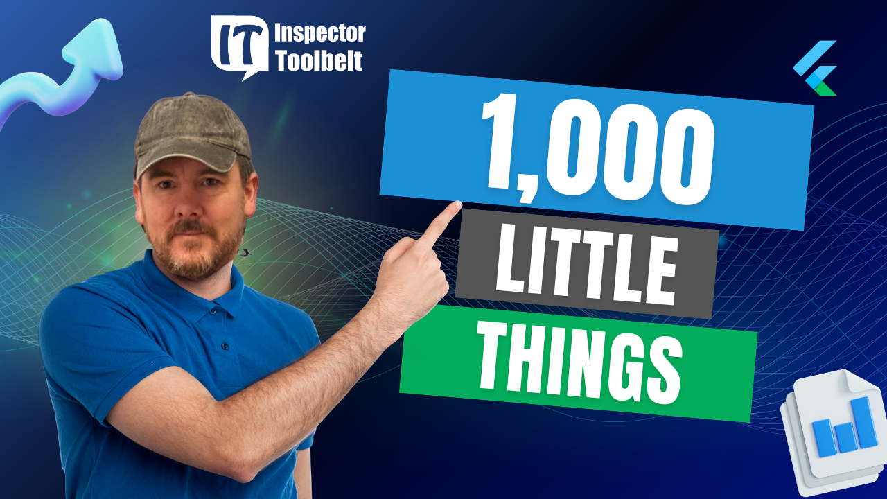 Ian Robertson pointing to “1,000 Little Things” text on Inspector Toolbelt Talk podcast thumbnail about professionalism and building a successful home inspection business